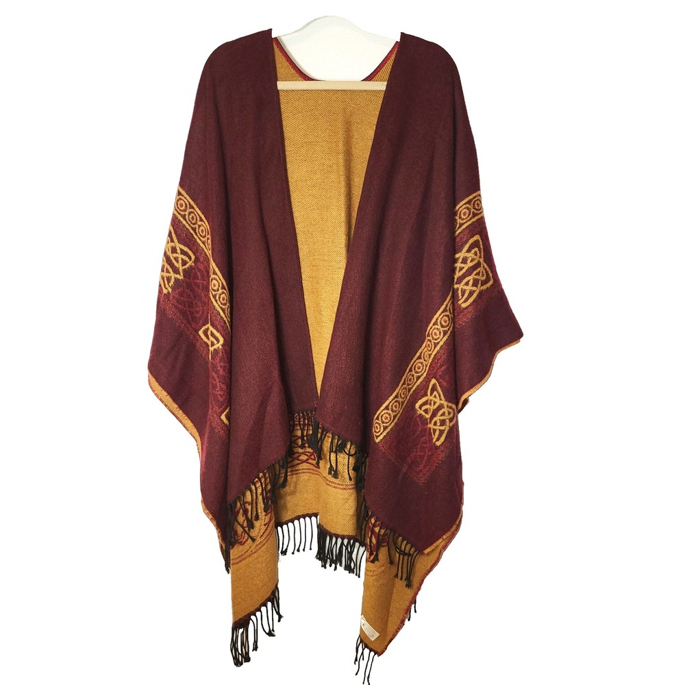 Made In France Wrap/Shawl Acrylic Burgundy/Tan Black Tassels Celtic One‎ Size